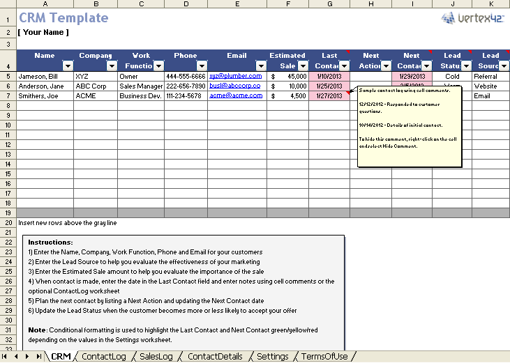Crm excel template customer tracking management templates list sales relationship lead business wedding small spreadsheet system vertex42 guest basic format